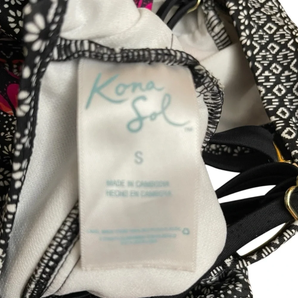 Kona‎ Sol Lace Up Front Black and Pink Geometric One Piece Swimsuit S